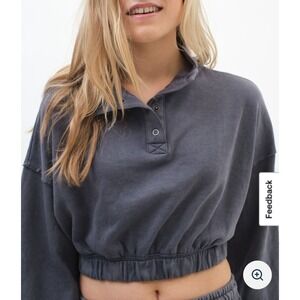 Aeropostale Womens Cropped Sweatshirt‎ Gray Long Sleeve Snap Button Up Collar